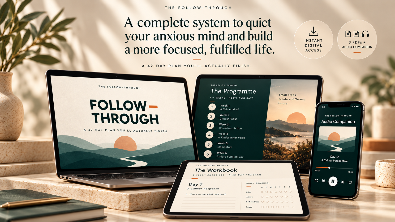 The Follow-Through digital system shown across laptop, tablet, workbook and mobile audio companion
